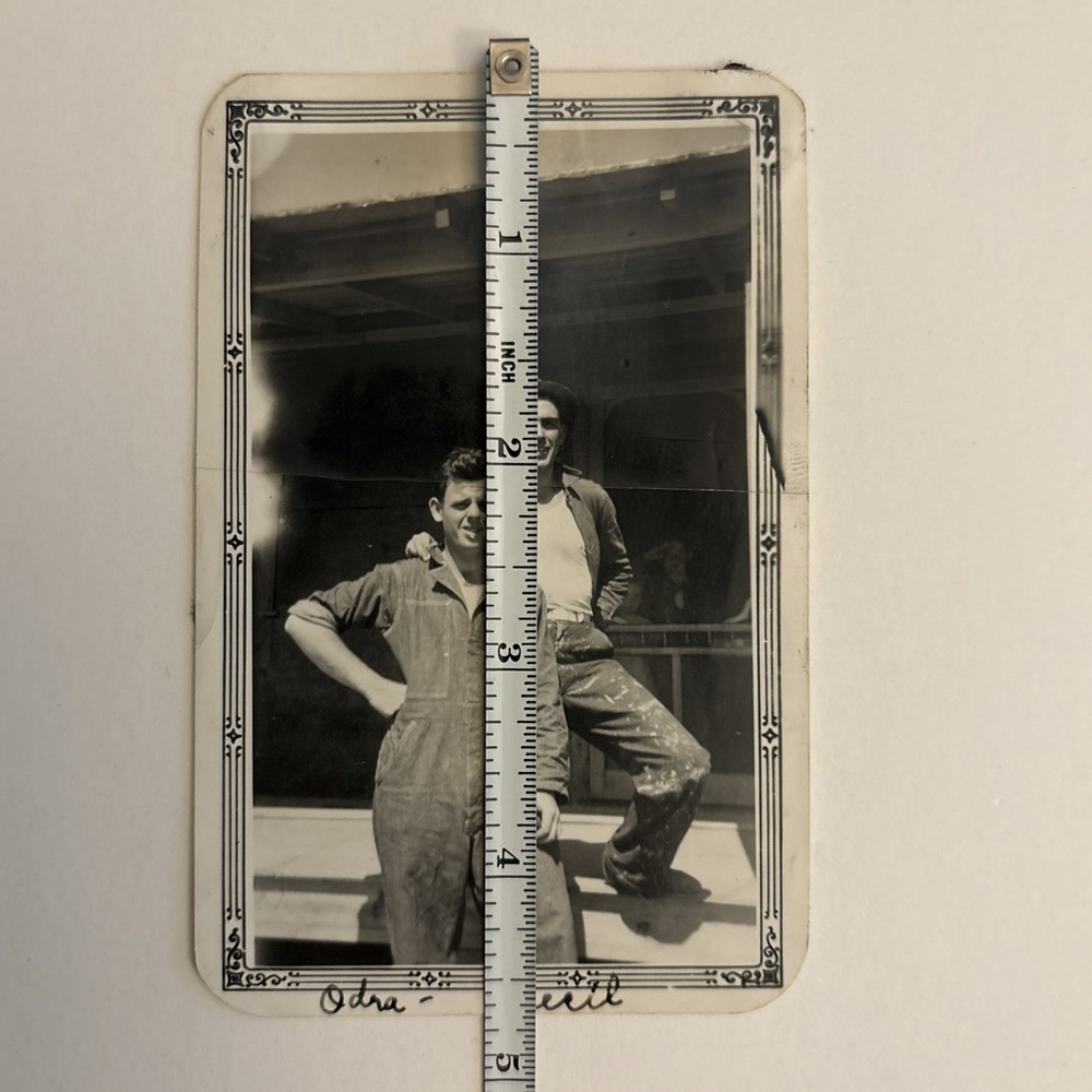 Vintage Snapshot Photo Men Farm Depression Era Photograph Boots Overalls Shadow - Picture 4 of 5